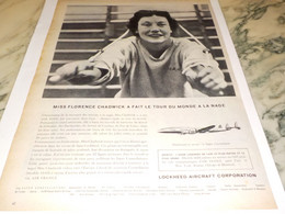 ANCIENNE PUBLICITE MISS FLORENCE CHADWICK ET L AVION LOCKHEED  1957 - Publicidad