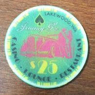 USA WASHINGTON LAKEWOODJIMMY G'S CASINO CHIP $25 OBSOLETE  CLOSED JETON TOKENS COINS - Casino