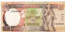 MALTA 20 LIRA 1967 (1989) VF P-44a "free Shipping Via Registered Air Mail" - Malte