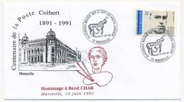 Enveloppe Affr. 2,50 René Char (Hommage à René Char) - Centenaire Poste Colbert Marseille - 1891 - 1991 - Cachets Commémoratifs