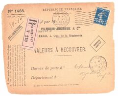 PARIS 117 Valeur à Recouvrer 1488 Yv 140 Semeuse 25c Bleu Ob 1913 Dest Etaules Charentes Inf Ob Meca Krag B117101 - Covers & Documents