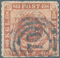 DANIMARCA-DANMARK,1863 Royal Emblem-Wavy Lines In Corners,4S.Brown Used,WATERMARK,Perforation:Rouletted 11 - Usati