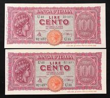 100 Lire Italia Turrita 10 12 1944 LUOGOTENENZA FDS LOTTO DI 2 PEZZI CONSECUTIVI LOTTO 1071 - 100 Liras