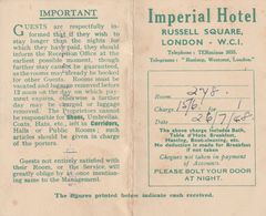 Facture IMPERIAL HOTEL -RUSSEL SQUARE , LONDON- W.C.I. - Royaume-Uni