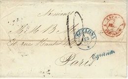 1855- Lettre En Port Du De Barcelona Pour Paris -entrée Perpignan -" Espana " Bleu + Taxe 10 Réglementaire - Entry Postmarks