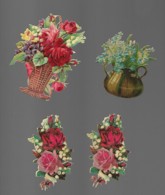 4 Découpis FLEURS ROSES MYOSOTIS Dans Un Vase Ou Panier 9 X 7 CM   Dos Vierge 78 - Fleurs