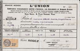 BRANCHE INCENDIE DECEMBRE 1909 ASSURANCE LE MONDE AGENCE DE RODEZ AVEYRON RECU PRIME - Banque & Assurance