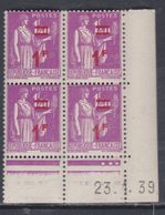 France N° 484 XX : 1 F. Sur 1 F. 40  Lilas En Bloc De 4 Coin Daté Du  23 . 1 . 39  :  3 Points Blancs  Sans Charnière,TB - 1940-1949