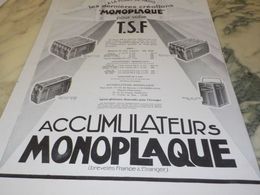 ANCIENNE PUBLICITE ACCUMULATEUR MONOPLAQUE TSF 1929 - Autres & Non Classés