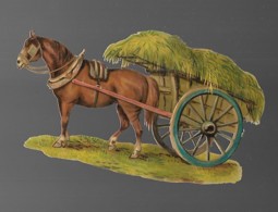 Découpis Cheval Attelé à Une Charrette De Foin Dos Vierge 14.5 X 8.5 Cm139 - Animaux