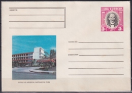 1977-EP-64 CUBA 1977 3c POSTAL STATIONERY COVER. SANTIAGO DE CUBA, HOTEL LAS AMERICAS. LIGERAS MANCHAS - Lettres & Documents