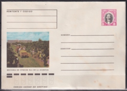 1981-EP-143 CUBA 1981 3c POSTAL STATIONERY COVER. ISLA DE PINOS, RECOGIDA DE CITRICOS. MANCHAS. - Lettres & Documents