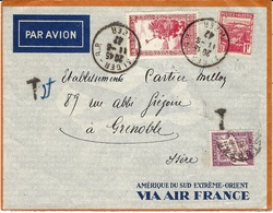 1942- Env.Par Avion D'Alger  Affr. 2,50  Pour Grenoble - TAXE  2 Fers - Lettres & Documents