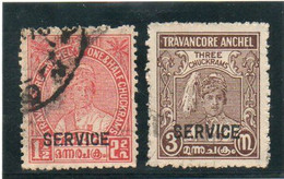 INDE   Travancore  Britannique   1939-49  Service  Y.T. N° 31 à 45  Incomplet  Oblitéré  34 36 - Travancore