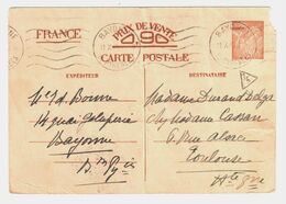 BAYONNE Basses Pyrénées Carte Postale Entier IRIS Sans Valeur PV 90c Ob Meca 11 10 1940 Marque Contrôle Triangle 7/3 - Cartoline Postali E Su Commissione Privata TSC (ante 1995)