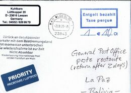 ! 2020 Germany Cover (7.8.) To Bolivia, Airmail , Interruption Postal Service COVID-19, Antwortschein, Reply Coupon - Enfermedades
