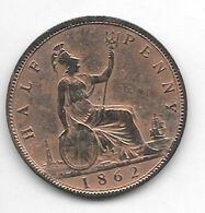 *great Britain 1/2 Penny  1862  Km 748.2   Vf++ Catalog Val 50 $ - C. 1/2 Penny