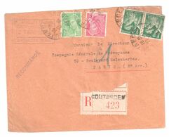 COUTANCES Manche Lettre Recommandée 1F Iris Vert 45c Mercure Vert 5c Rose Mercure Défaut Yv 432 414 406 Ob 27 11 1939 - Cartas & Documentos