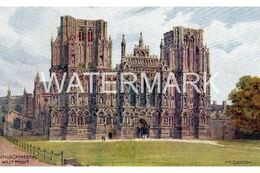 WELLS CATHEDRAL WEST FRONT OLD ART COLOUR POSTCARD SALMON 1588 ARTIST SIGNED A.R. QUINTON A.R.Q. - Quinton, AR