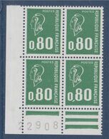 Marianne De Béquet Typographié Coin De Feuille 0.80 Vert Bloc De 4 N°1891b Numéroté 22908 Neuf - 1971-1976 Marianne Of Béquet