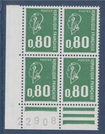 Marianne De Béquet Typographié Coin De Feuille 0.80 Vert Bloc De 4 N°1891b Numéroté 22908 Neuf - 1971-1976 Marianna Di Béquet
