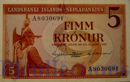 ICELAND 5 KRONUR 1957 PICK 37a UNC - Islanda