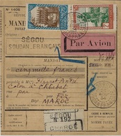 1934- SOUDAN Français  -Mandat-Carte De SEGOU , PAR AVION?pour Fez ( Maroc )  Valeur 5000 F  CHARGE  Affr. 2,75 F - Covers & Documents