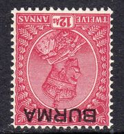 Burma 1937 GVI 12 Annas Claret Overprint On India, Wmk INVERTED, Hinged Mint, SG 12w (E) - Birmania (...-1947)