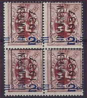 Belgie 1937 - Verschoven Opdruk - 2c Op 3c - ** MNH Blok Van 4 ANTWERPEN 1937 - V317A PREO 317 ; Staat Zie Scan ! - Typos 1929-37 (Lion Héraldique)