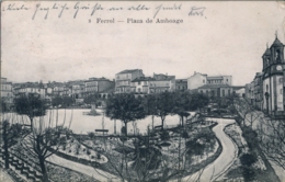 1909 , TARJETA POSTAL CIRCULADA , LA CORUÑA - FERROL , PLAZA DE AMBOAGE , PAPELERIA DEL CORREO GALLEGO - La Coruña
