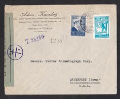 Turkey: Cover To USA, 1940s, 2 Stamps, Censored, Uncommon Blue Censor Label, World War 2, WW2 (traces Of Use) - Storia Postale