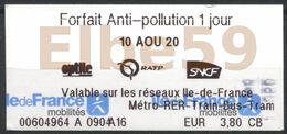 Paris, 2020, RATP, Forfait Anti-Pollution 1 Jour, 10-08-2020 - Europe