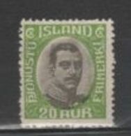(SA0547) ICELAND, 1920 (King Christian X, 20a., Yellow Green And Gray). Official Stamp. Mi # O38. MH* Stamp (no Gum) - Service