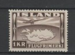 (SA0553) ICELAND, 1934 (Air Post. Plane Map Of Iceland, 1Kr., Dark Brown). Mi # 179B (perf. 12½:14). MNH** Stamp - Airmail
