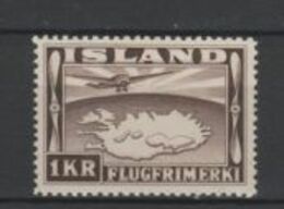 (SA0553) ICELAND, 1934 (Air Post. Plane Map Of Iceland, 1Kr., Dark Brown). Mi # 179B (perf. 12½:14). MNH** Stamp - Poste Aérienne