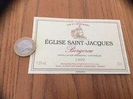 Etiquette Vin 1992 «BERGERAC - ÉGLISE SAINT-JACQUES - SAINT-LAURENT-DES-VIGNES (24)» - Bergerac