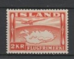 (SA0554) ICELAND, 1934 (Air Post. Plane Map Of Iceland, 2Kr., Red Orange). Mi # 180B (perf. 12½:14). MNH** Stamp - Aéreo