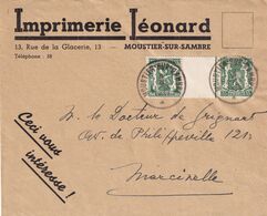 DDX 601 --- Timbres INTERPANNEAUX S/ Enveloppe - IN19 MOUSTIER Sur Sambre 1938 - Entete Imprimerie Léonard - Tete Beche [KP] & Interpaneles [KT]