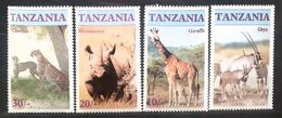 Mammals Tanzania  African Animals , Oryx, Giraffe, Rhinoceros, Cheetah Set 4v. Mnh - Rhinoceros