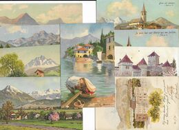 9 Cpa Peintures= 8 Paysages Suisses + 1 Lugano. Buchser, Pilatus, Megève,Kublis,Filisur, Chillon - Filisur
