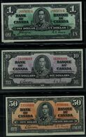 CANADA  1937 BANKNOTES SET OF 3 BAKNOTES 1, 10, 50$ VF!! - Kanada