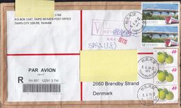 Taiwan Par Avion Registered Label & VALUE Boxed Cds. TAIPEI 2019 Cover Brief BRØNDBY STRAND Denmark Train & Fruits - Brieven En Documenten