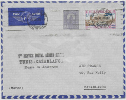 1938 - TUNISIE - ENVELOPPE Par AVION 1° LIAISON POSTALE AERIENNE AIR FRANCE DANS LA JOURNEE De TUNIS => CASABLANCA - Lettres & Documents