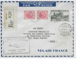 1952 - TUNISIE - ENVELOPPE Par AVION  25° ANNIVERSAIRE De La 1° LIAISON POSTALE AERIENNE AIR FRANCE De TUNIS => PARIS - Lettres & Documents