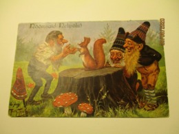 GNOME  DWARF  AND SQUIRREL  TOADSTOOL  MUSHROOM   BY  THIELE  , OLD POSTCARD , 0 - Thiele, Arthur