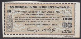 Hamburg 1922 Commerz- U. Disco- Bank Gewinnanteilschein 1.000 Mark Nennwert, Nr. 42009 - Zwischenscheine - Schatzanweisungen