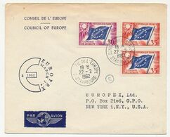 FRANCE - Env Reco, Affr 35F X2, 50F Drapeau - Conseil De L'Europe 22/2/1962 - Pour USA - EUROPEX March 3-4-1962 + Puce 8 - Covers & Documents