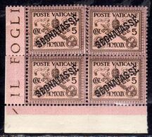 CITTÀ DEL VATICANO VATICAN VATIKAN 1931 TASSE TAXES SEGNATASSE SOPRASTAMPATO OVERPRINTED CENT. 5 MNH BLOCK QUARTINA - Postage Due