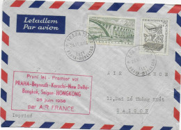 1956 - TCHECOSLOVAQUIE - ENVELOPPE AIR FRANCE 1° VOL De PRAGUE=>BEYROUTH=>KARACHI=>NEW DELHI=>BANGKOK=>SAIGON=>HONGKONG - Luftpost