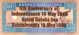 Somaliland 50 Shillings, P-11a (18.5.1996) - UNC - Bronze Overprint  - 5 Years Somaliland - Somalia